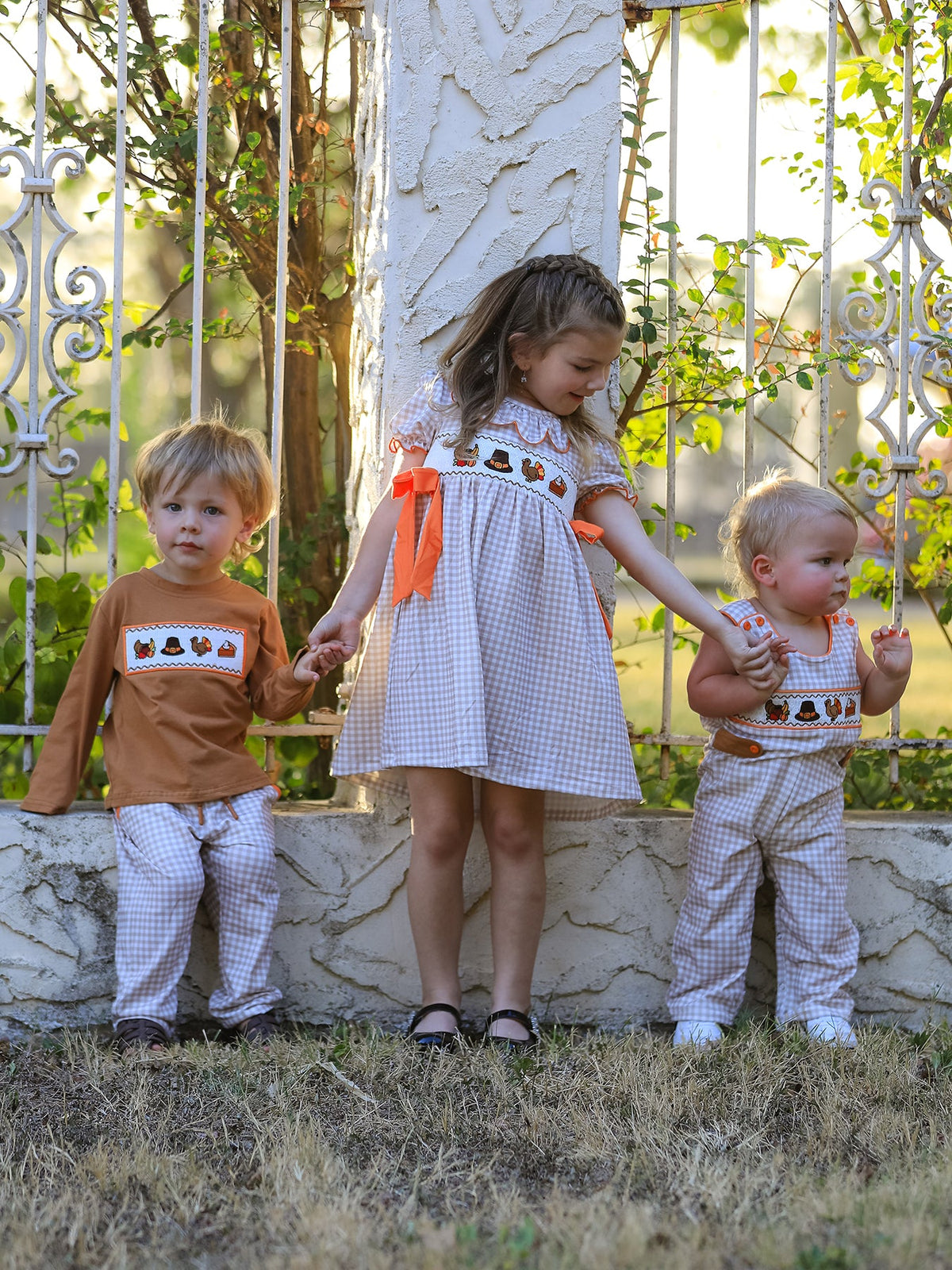 Boys Thanksgiving Embroidered Shirt &amp; Gingham Pants Set