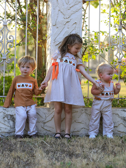 Boys Thanksgiving Embroidered Shirt &amp; Gingham Pants Set