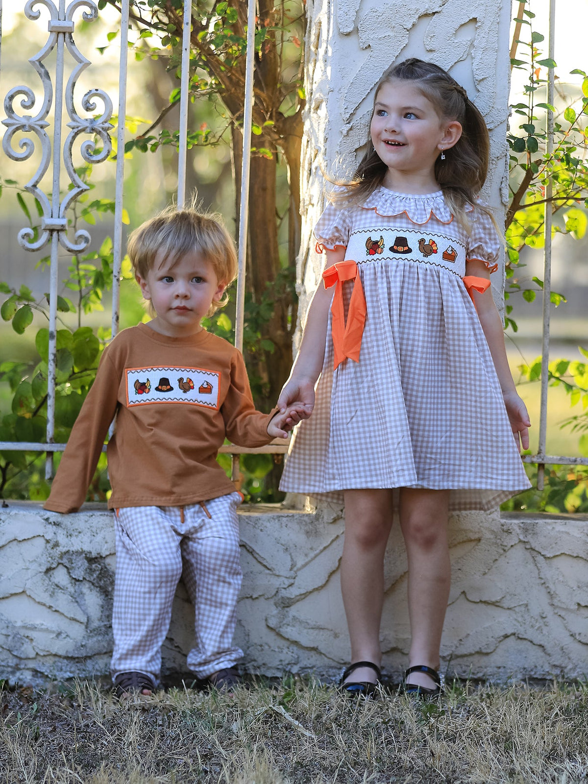 Boys Thanksgiving Embroidered Shirt &amp; Gingham Pants Set