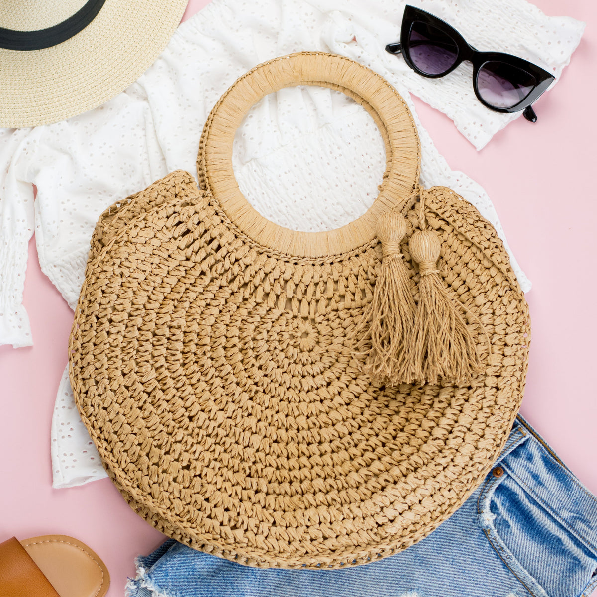 Woven Straw Ring Tote | Natural Tassel Handbag