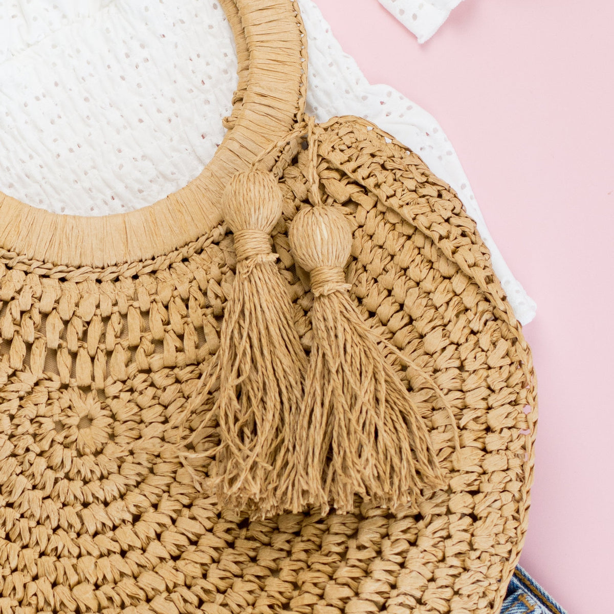 Woven Straw Ring Tote | Natural Tassel Handbag