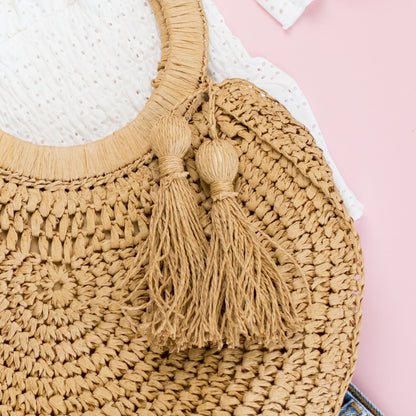 Woven Straw Ring Tote | Natural Tassel Handbag
