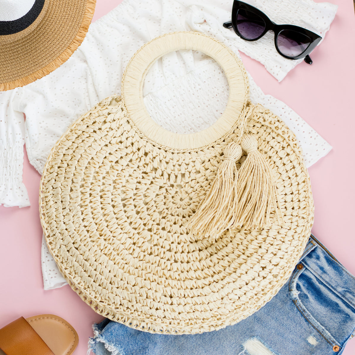 Woven Straw Ring Tote | Natural Tassel Handbag