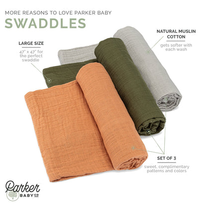 Estes Cotton Muslin Baby Swaddle Blankets – 3 Pack