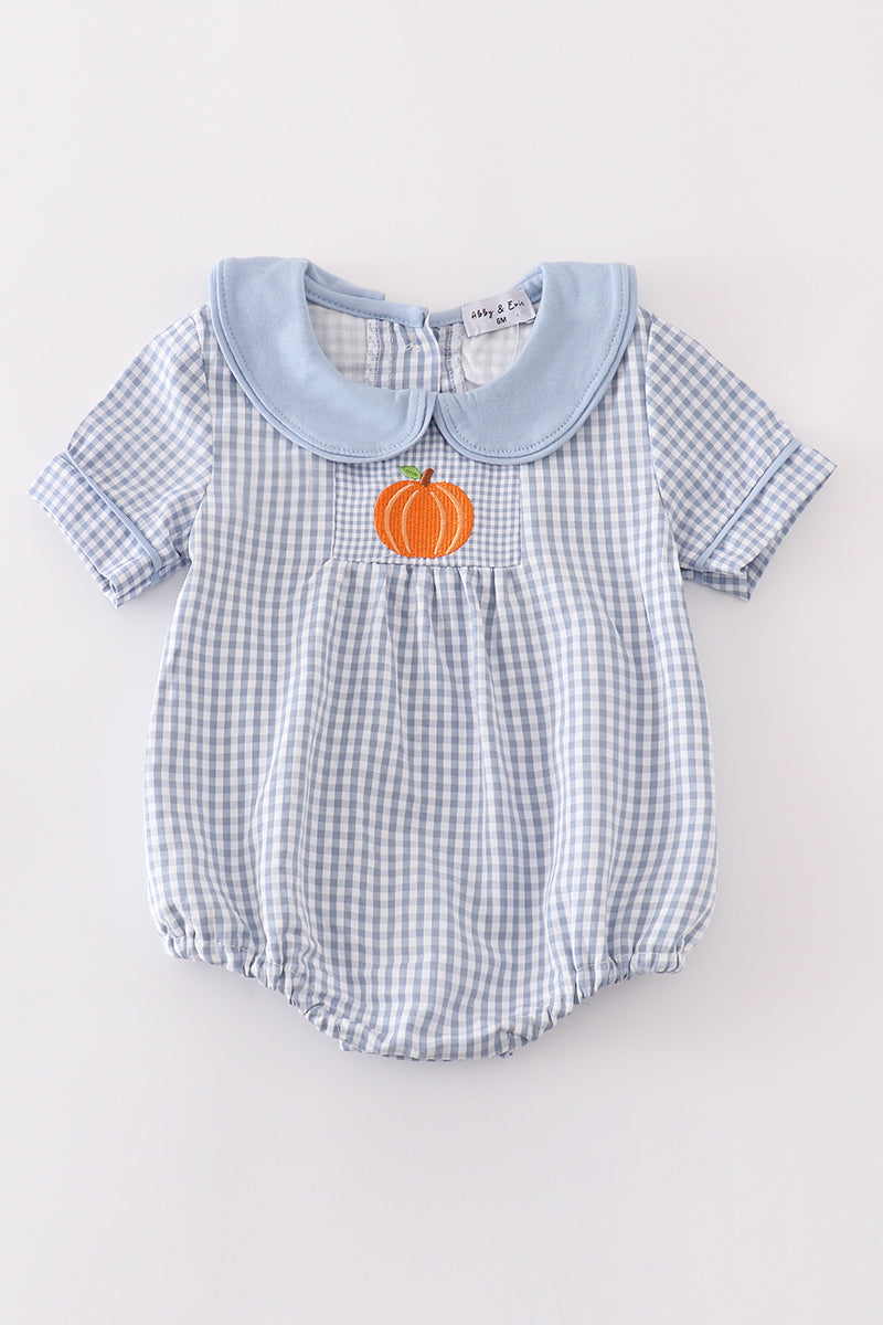 Baby Boys Blue Gingham Pumpkin Embroidered Bubble Romper