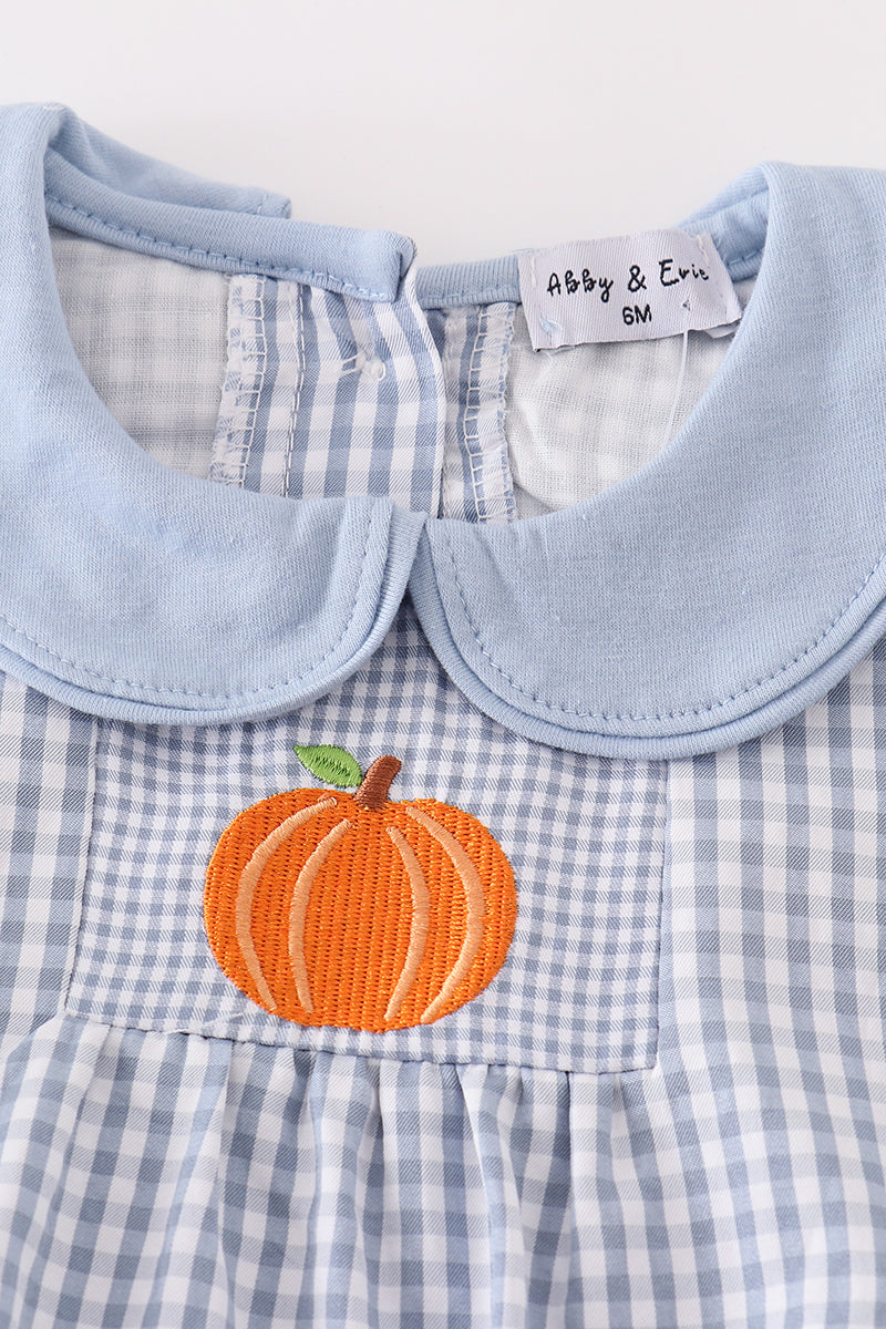 Baby Boys Blue Gingham Pumpkin Embroidered Bubble Romper