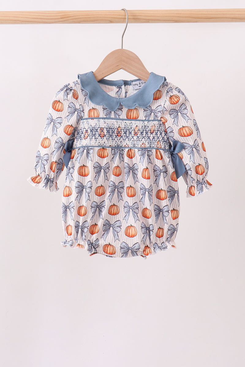 Blue Bow &amp; Pumpkin Smocked Baby Bubble Romper