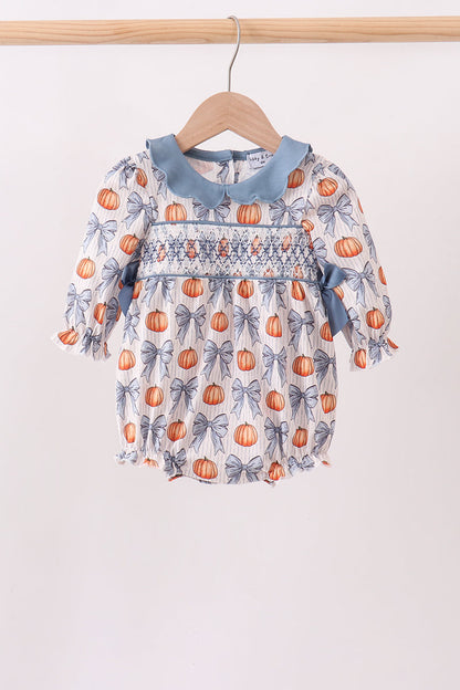 Blue Bow &amp; Pumpkin Smocked Baby Bubble Romper