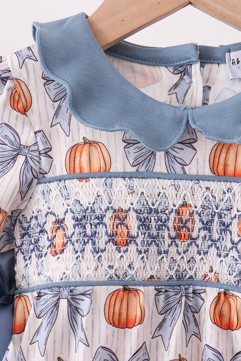 Blue Bow &amp; Pumpkin Smocked Baby Bubble Romper