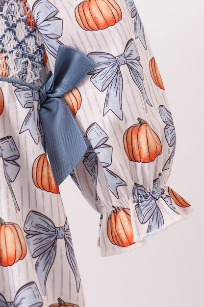 Blue Bow &amp; Pumpkin Smocked Baby Bubble Romper