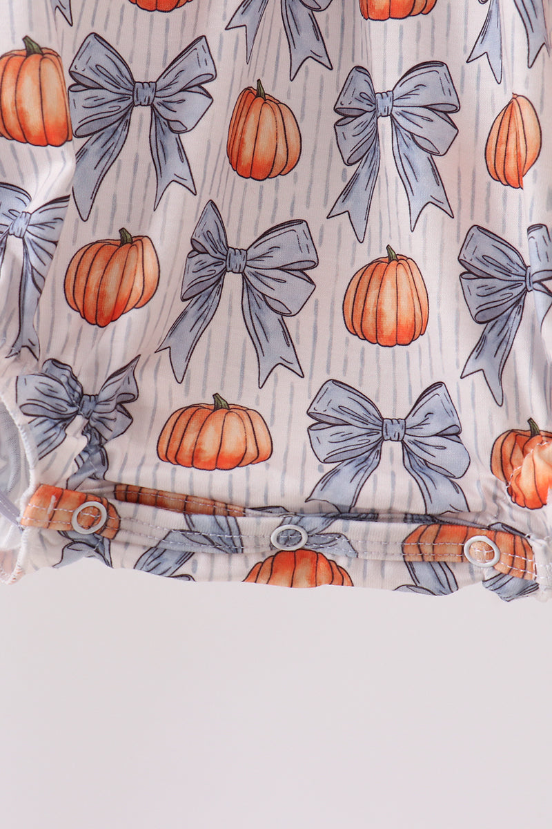 Blue Bow &amp; Pumpkin Smocked Baby Bubble Romper