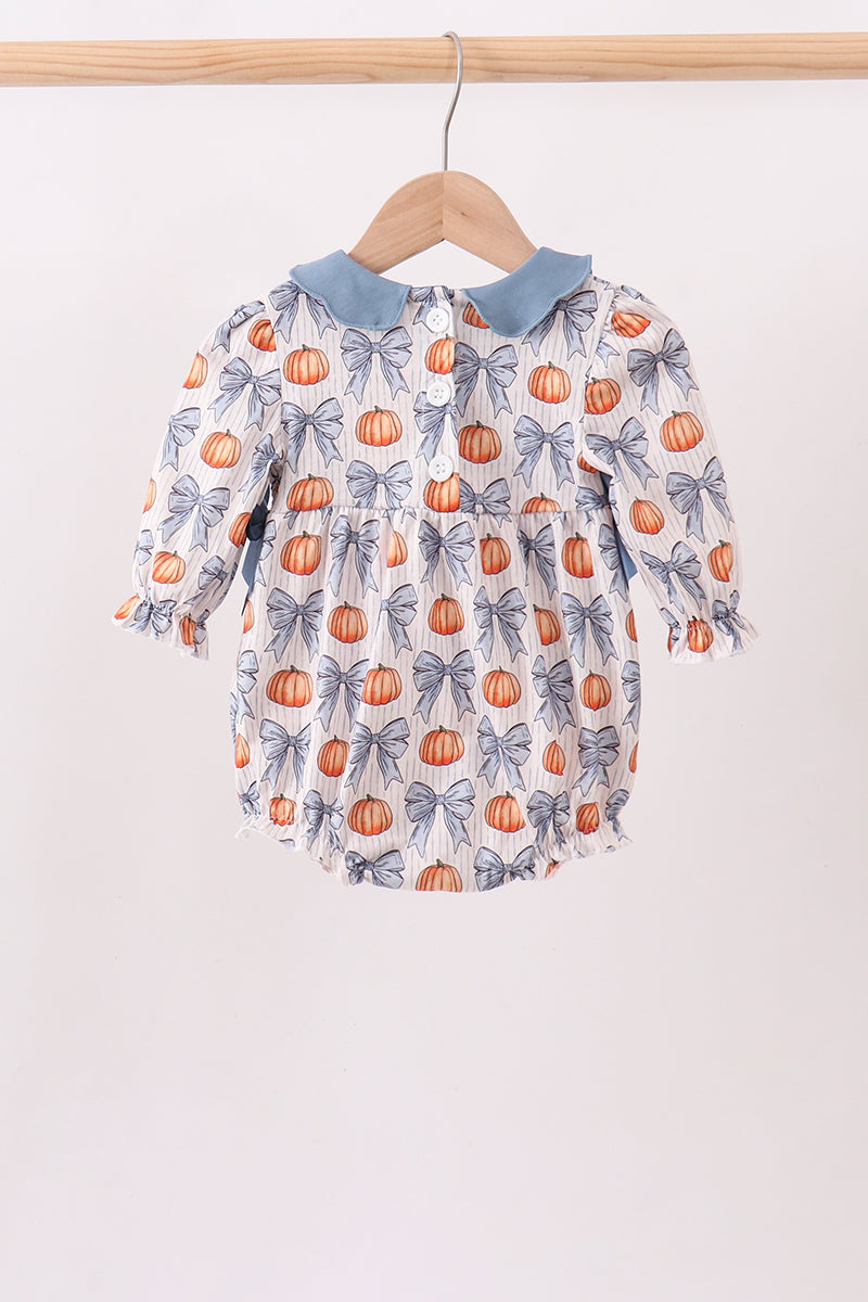Blue Bow &amp; Pumpkin Smocked Baby Bubble Romper