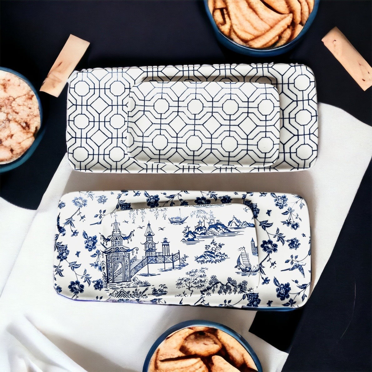 Blue &amp; White Chinoiserie Serving Tray Set | 4 Pieces