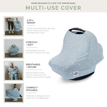 Dusty Blue Bird Print Multi-Use Baby Cover | Parker Baby Co.