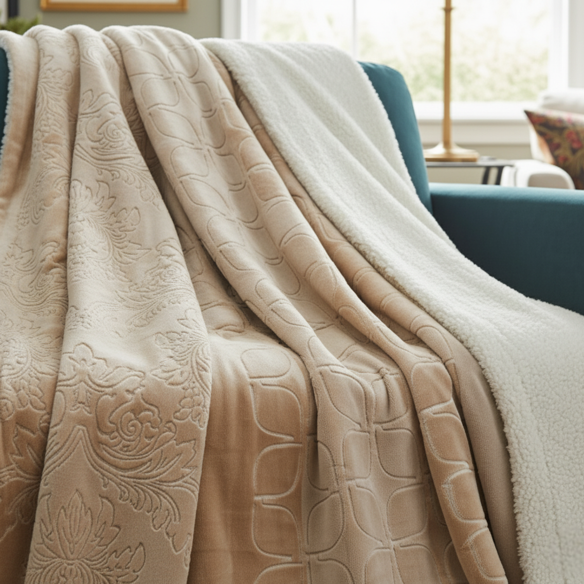 Embossed Floral Sherpa Throw Blanket | Cozy Neutral Home Decor