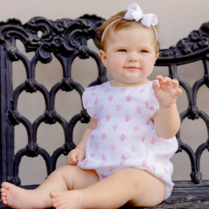 Fleur de Rose Baby Bubble Romper | Pink Fleur-de-Lis
